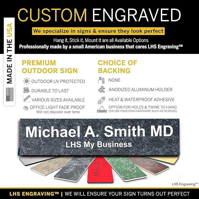 Personalized Name Plate with Choice of Mounting for Walls, Doors, Desk Holders, Cubicles, Hanging and More - Custom Mojave Black Plastic White Letters - USA Made 2x8 - N8