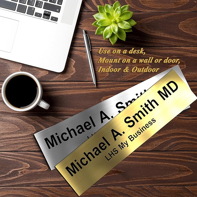 Personalized Name Plate with Choice of Mounting for Walls, Doors, Desk Holders, Cubicles, Hanging and More - Custom Red Plastic Black Letters - USA Made 2x8 - B14